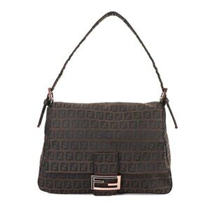 FENDI Zucchino Mamma Baguette Shoulder Bag Canvas Brown Black 8BR001 90280704